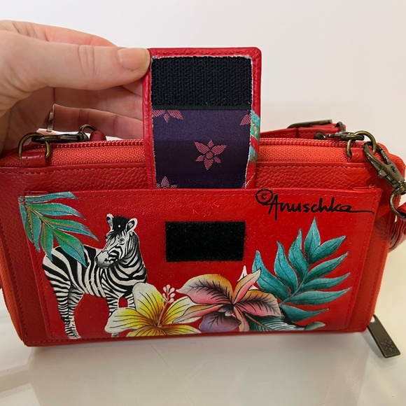 Anuschka Zebra Red Hand-Painted Leather Floral Convertible Crossbody Wallet NWOT - Picture 11 of 16